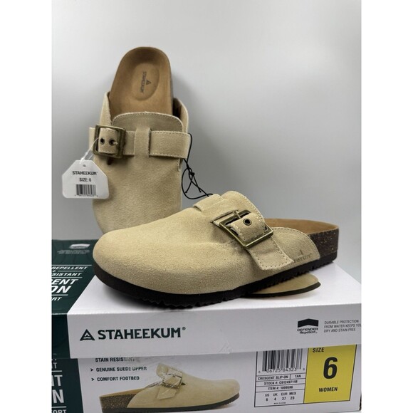 Staheekum Womens Clogs Tan Shoes Buckle Water Repellent Slip-On Suede Upper Sz 6 - Picture 1 of 16